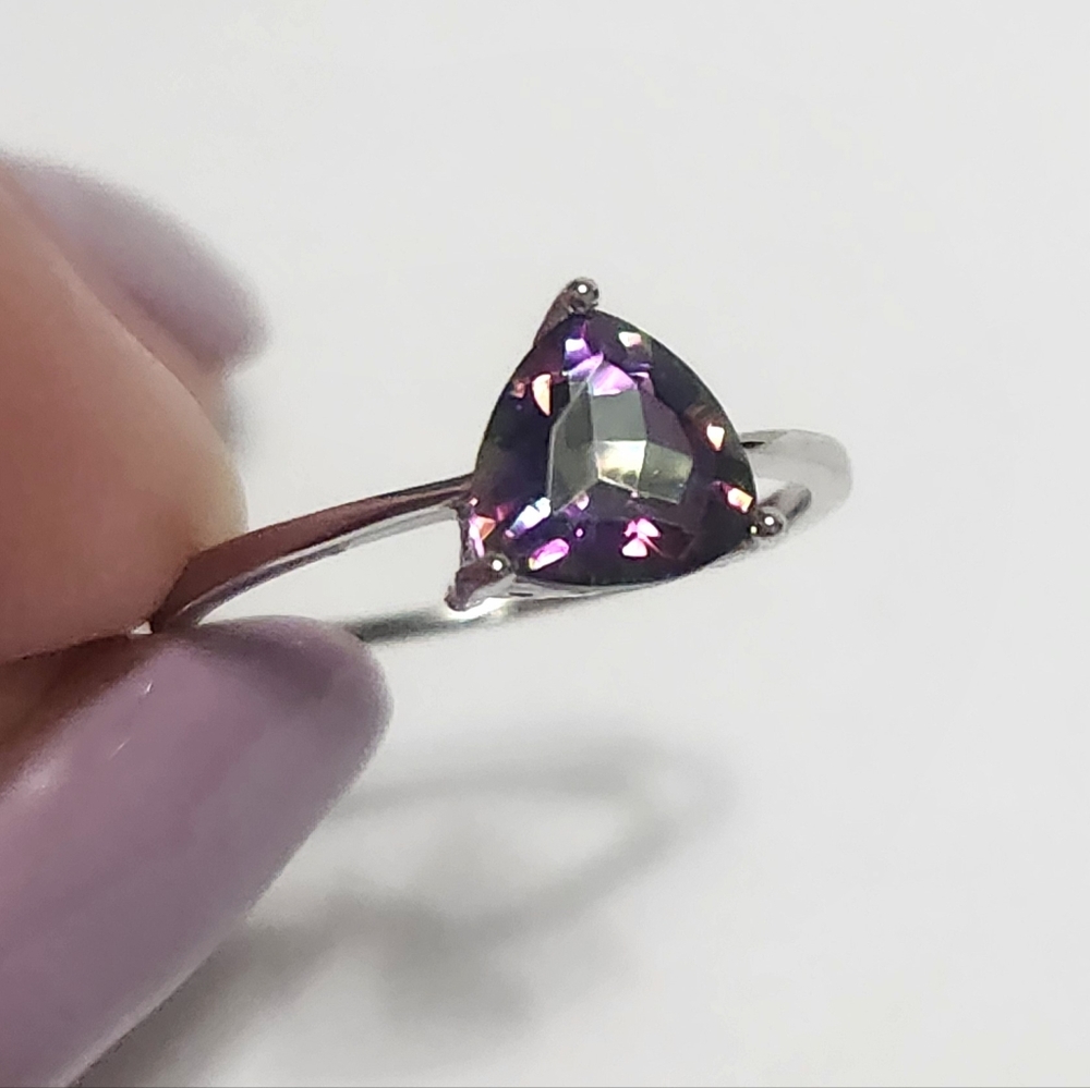 Trillion Mystic Topaz Solitaire Silver Ring